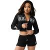 True Religion Women’s Embroidered Shrunken Zip Hoodie – Cropped Fit, Ribbed Hem, Embroidered Logo(Jet Black)