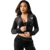 True Religion Women’s Velour Crystal Shrunken Zip Hoodie – Soft Velour, Cropped Fit, Crystal Horseshoe Detail(Jet Black)