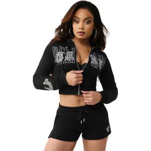 True Religion Women’s Embroidered Shrunken Zip Hoodie – Cropped Fit, Ribbed Hem, Embroidered Logo(Jet Black)