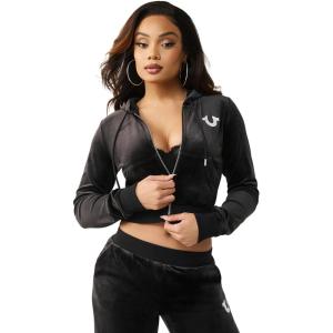 True Religion Women’s Velour Crystal Shrunken Zip Hoodie – Soft Velour, Cropped Fit, Crystal Horseshoe Detail(Jet Black)