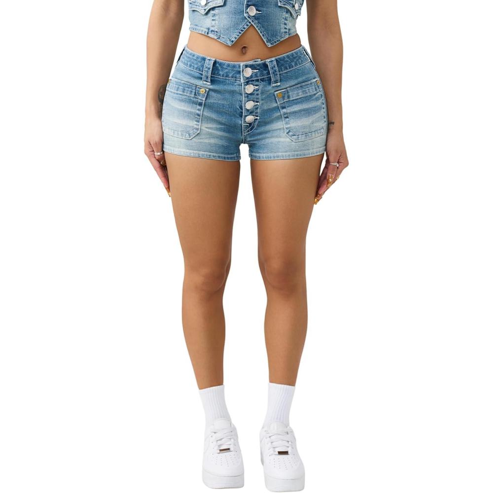 imageTrue Religion Womens Front Pocket Denim Shorts FlapSunset Ticket