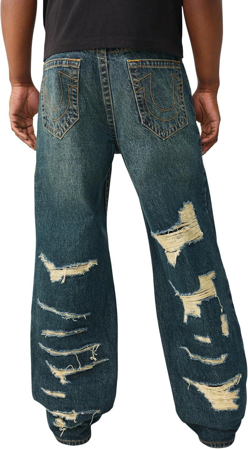 imageTrue Religion Mens Vinny Destroyed Ultra Baggy Jean 34 SlimFit Whiskering Horseshoe Detailing