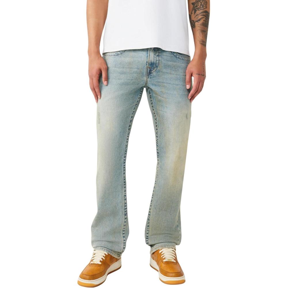 imageTrue Religion Mens Ricky Flap Straight Jean 34 Light Wash Single Needle Stitching Horseshoe Flap Pockets