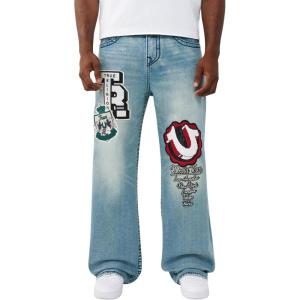 True Religion Men’s Vinny Patch Big T Ultra Baggy Jean 34” – Dark Wash, Whiskering, Signature Horseshoe