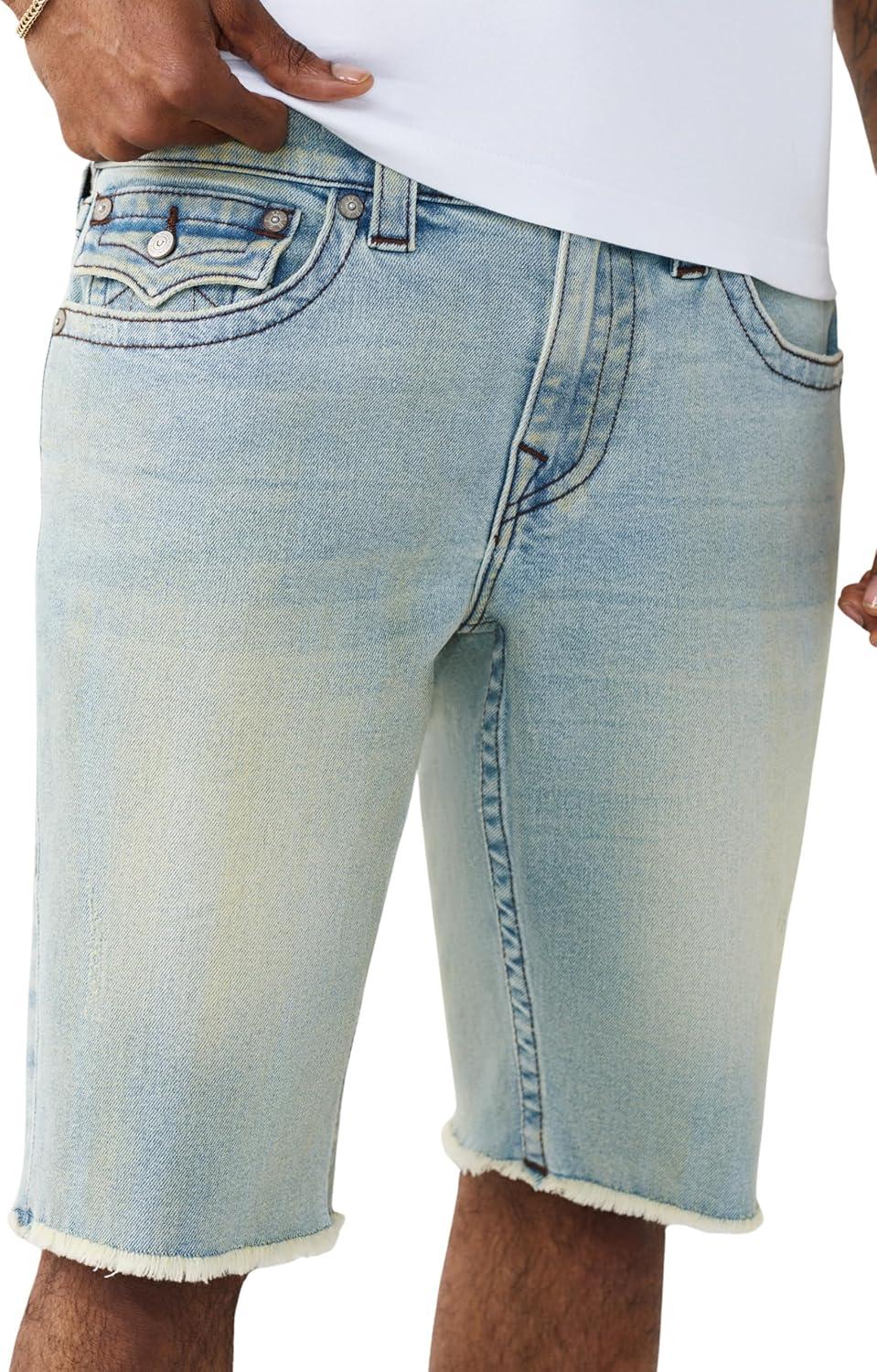 imageTrue Religion Mens Ricky Frayed Hem Denim Short Relaxed Fit Zip Fly Horseshoe Detailing