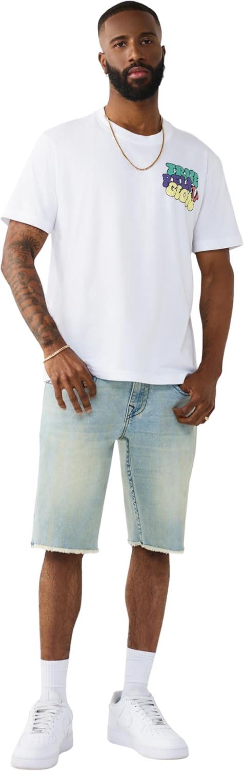 imageTrue Religion Mens Ricky Frayed Hem Denim Short Relaxed Fit Zip Fly Horseshoe Detailing