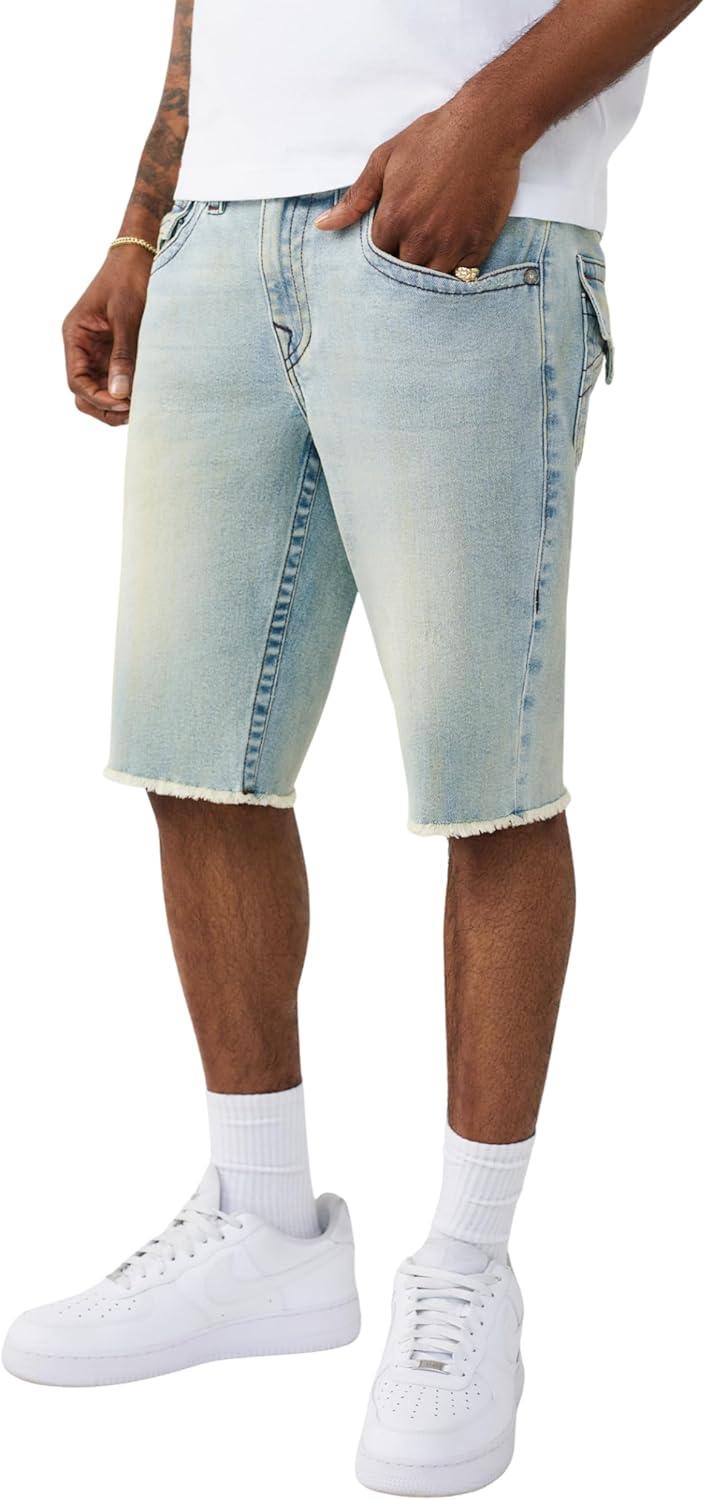 imageTrue Religion Mens Ricky Frayed Hem Denim Short Relaxed Fit Zip Fly Horseshoe Detailing
