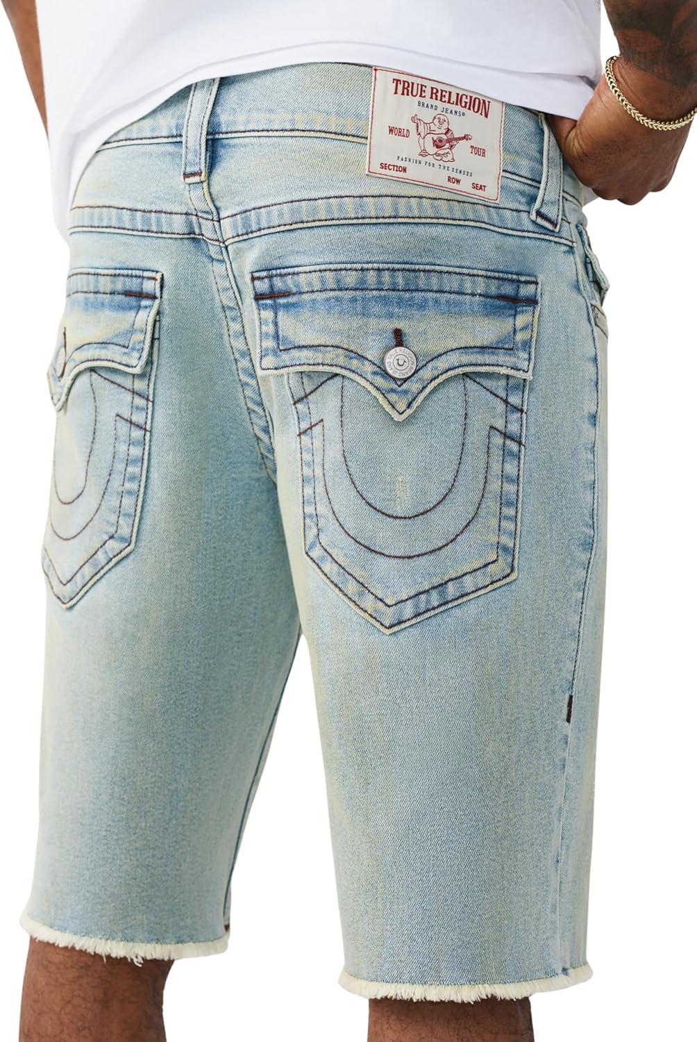 imageTrue Religion Mens Ricky Frayed Hem Denim Short Relaxed Fit Zip Fly Horseshoe Detailing