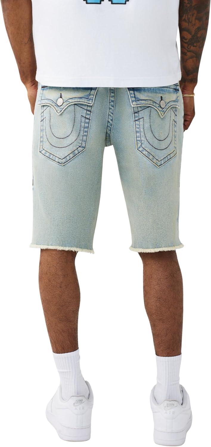 imageTrue Religion Mens Ricky Frayed Hem Denim Short Relaxed Fit Zip Fly Horseshoe Detailing