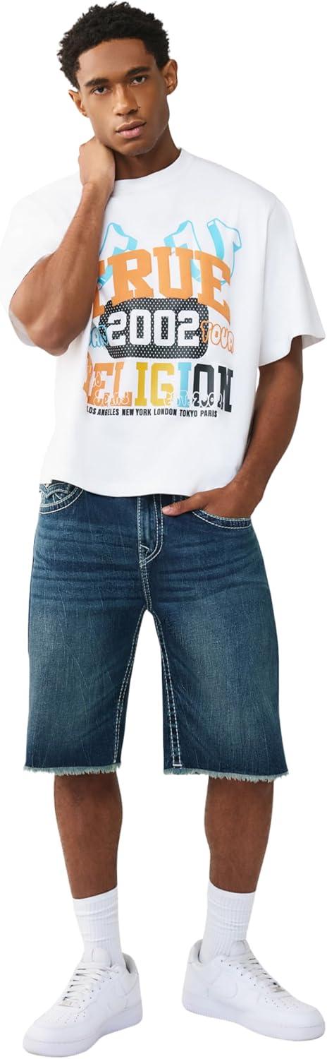 imageTrue Religion Mens Vinny Super T Flap Baggy Fray Short Super T Stitching Horseshoe Detailing