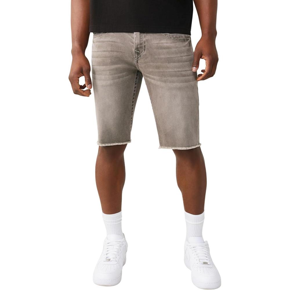 imageTrue Religion Mens Ricky Frayed Hem Denim Short Relaxed Fit Horseshoe Detailing RawCut Hem Plankton Grey Wash 32