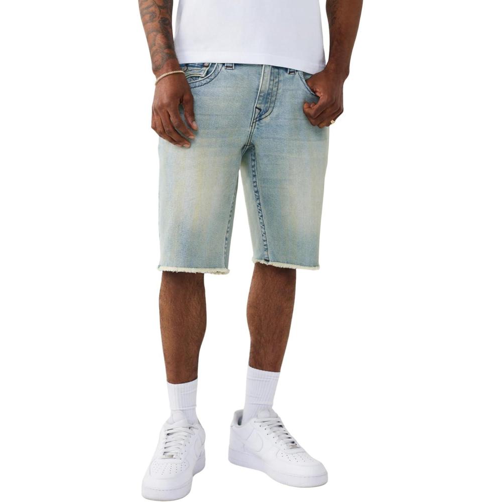 imageTrue Religion Mens Ricky Frayed Hem Denim Short Relaxed Fit Zip Fly Horseshoe Detailing