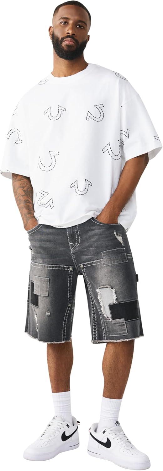 imageTrue Religion Mens Vinny Big T Cargo Short Frayed Baggy Fit Cargo Pockets Horseshoe Detailing