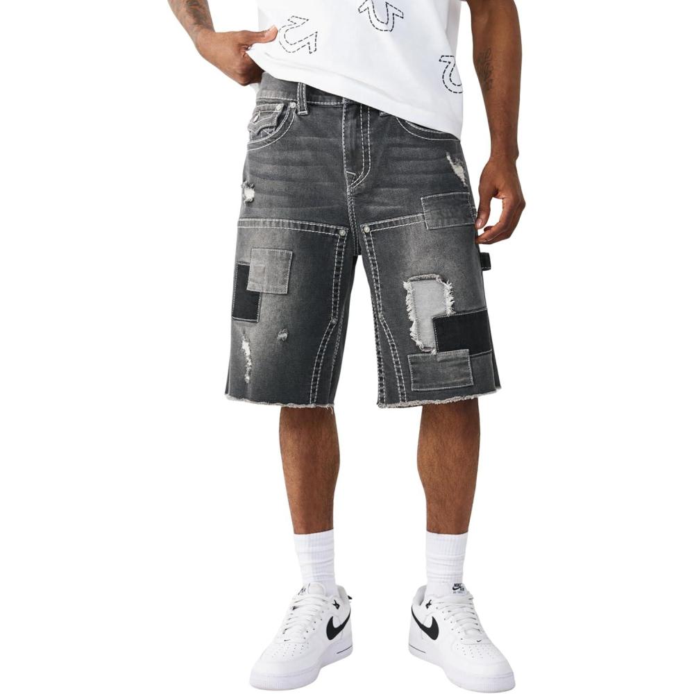 imageTrue Religion Mens Vinny Big T Cargo Short Frayed Baggy Fit Cargo Pockets Horseshoe Detailing