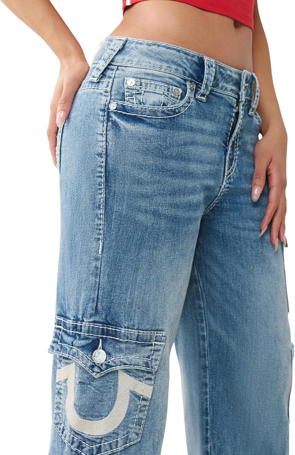 imageTrue Religion Womens Bobbi Big T Baggy Jean Mid Rise Relaxed Baggy Fit Signature Big T Stitching Cloud Valley 34