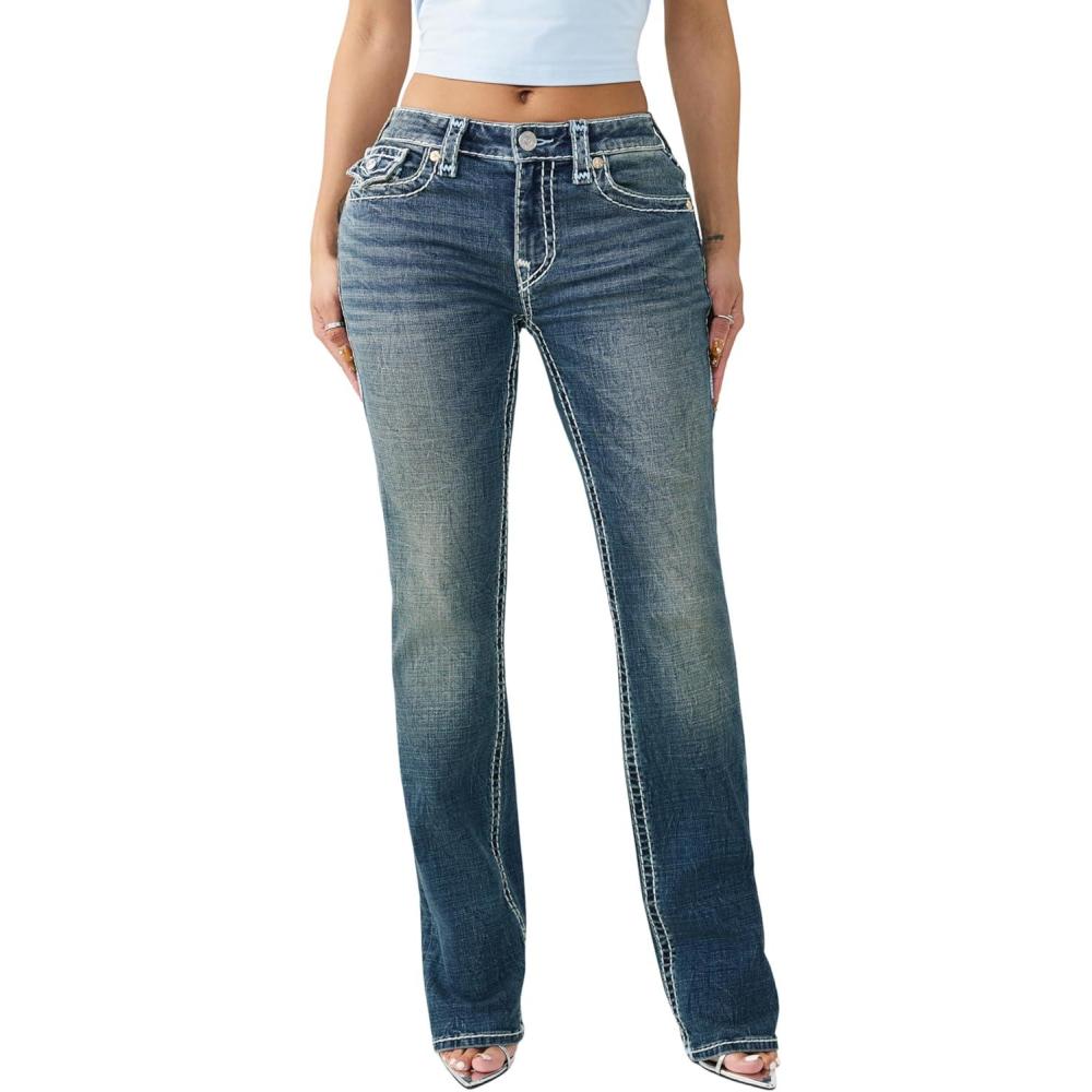 imageTrue Religion Billie Mid Rise Super T Straight Jeans for Women Light Wash Denim with Pink Stitching amp Flap Pockets