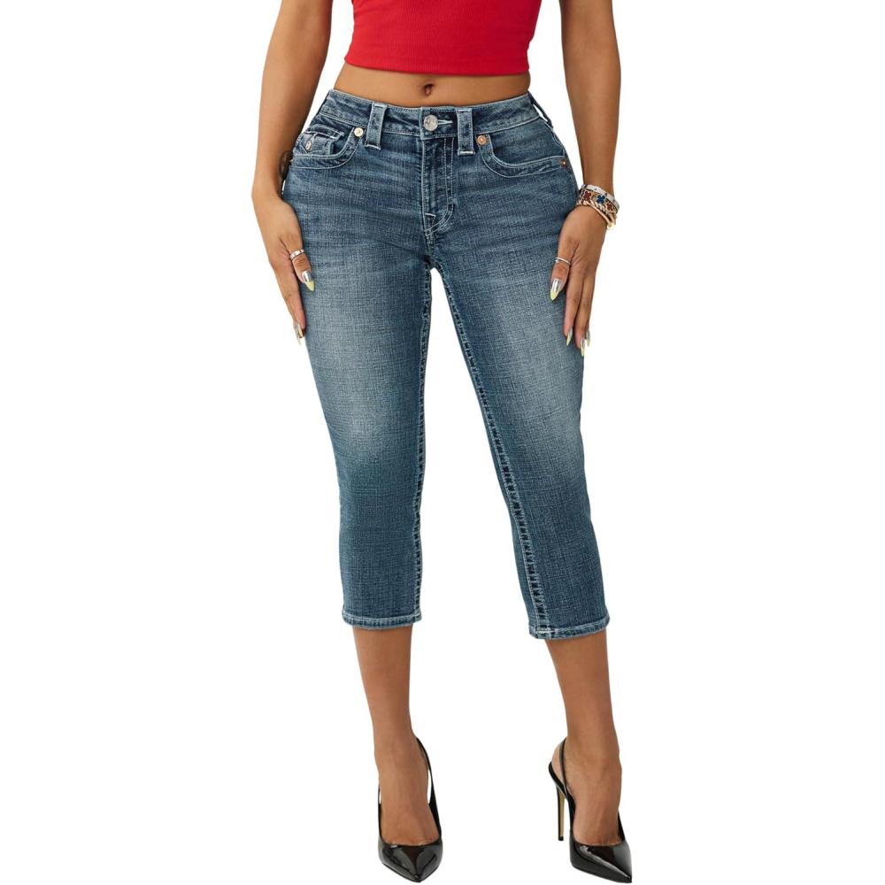 imageTrue Religion Womens Jennie Mid Rise Capri Flap Jeans  Stylish Flap PocketBlue Radiance