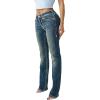 True Religion Billie Mid Rise Super T Straight Jeans for Women – Light Wash Denim with Pink Stitching & Flap Pockets