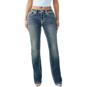 True Religion Billie Mid Rise Super T Straight Jeans for Women – Light Wash Denim with Pink Stitching & Flap Pockets