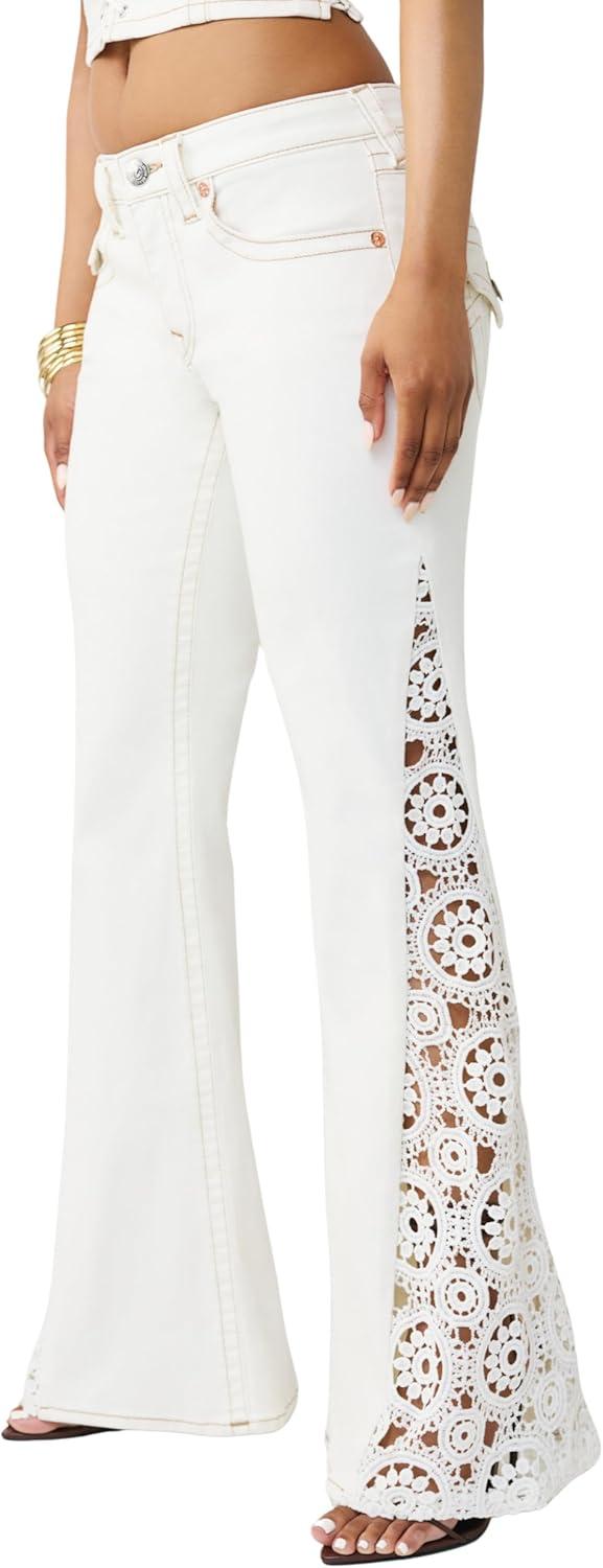 imageTrue Religion Womens Crochet Mid Rise Flare Flap Jean Mid Rise Fit Stretch Denim Boho Crochet Flare Detailing