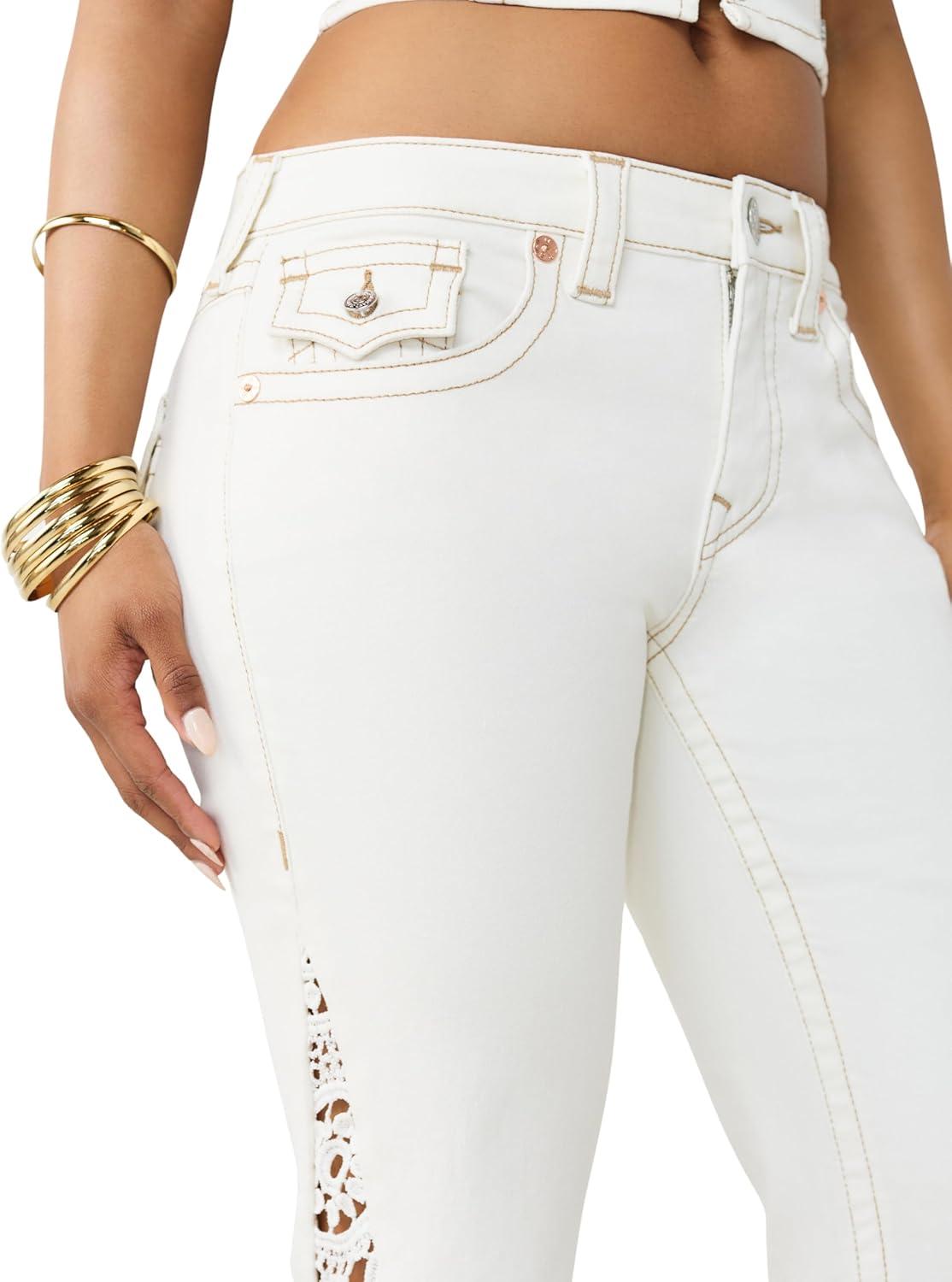 imageTrue Religion Womens Crochet Mid Rise Flare Flap Jean Mid Rise Fit Stretch Denim Boho Crochet Flare Detailing