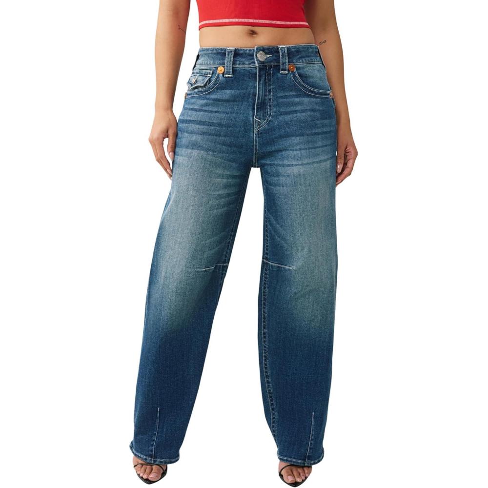 imageTrue Religion Womens Billie Mid Rise Straight Big T Big T Stitching Horseshoe Details