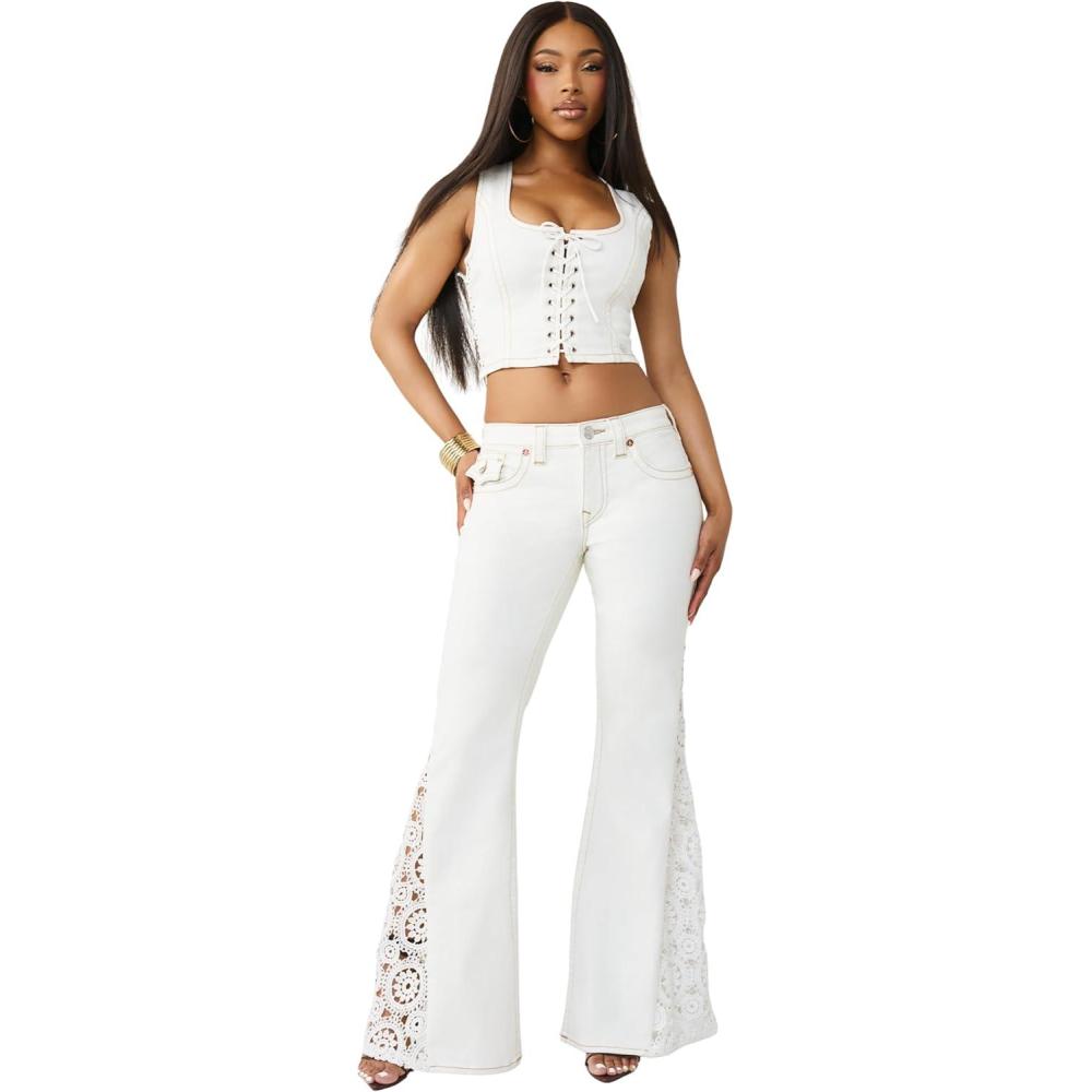 imageTrue Religion Womens Crochet Mid Rise Flare Flap Jean  Mid Rise Fit Stretch Denim Boho Crochet Flare Detailing