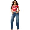 True Religion Women’s Billie Mid Rise Straight Big T – Big T Stitching, Horseshoe Details