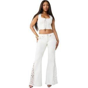 True Religion Women’s Crochet Mid Rise Flare Flap Jean – Mid Rise Fit, Stretch Denim, Boho Crochet Flare Detailing
