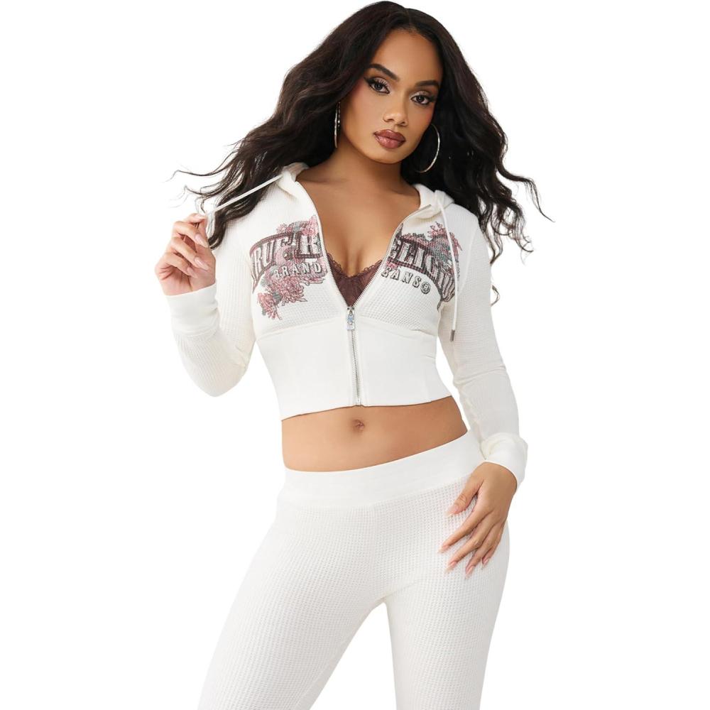 imageTrue Religion Womens Waffle Contour Zip Up Hoodie Zip Front