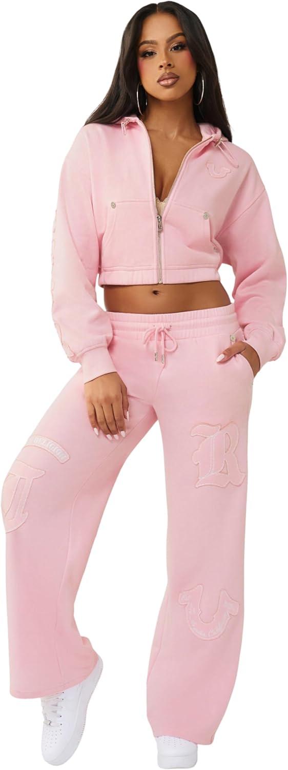 imageTrue Religion Womens Branded Applique Wide Leg Pant Cozy Cotton Blend Lounge SweatpantsFairytale
