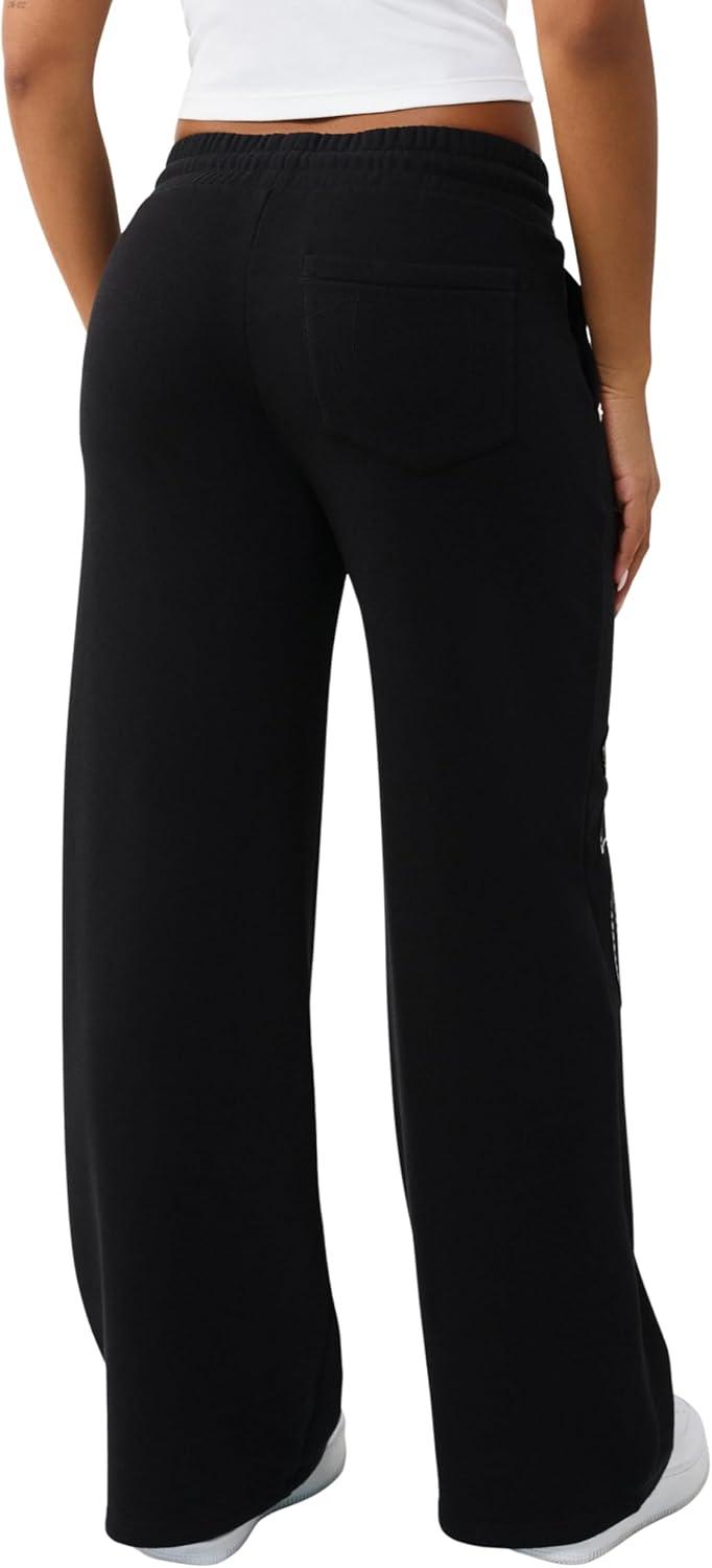 imageTrue Religion Womens Branded Applique Wide Leg Pant Cozy Cotton Blend Lounge SweatpantsJet Black