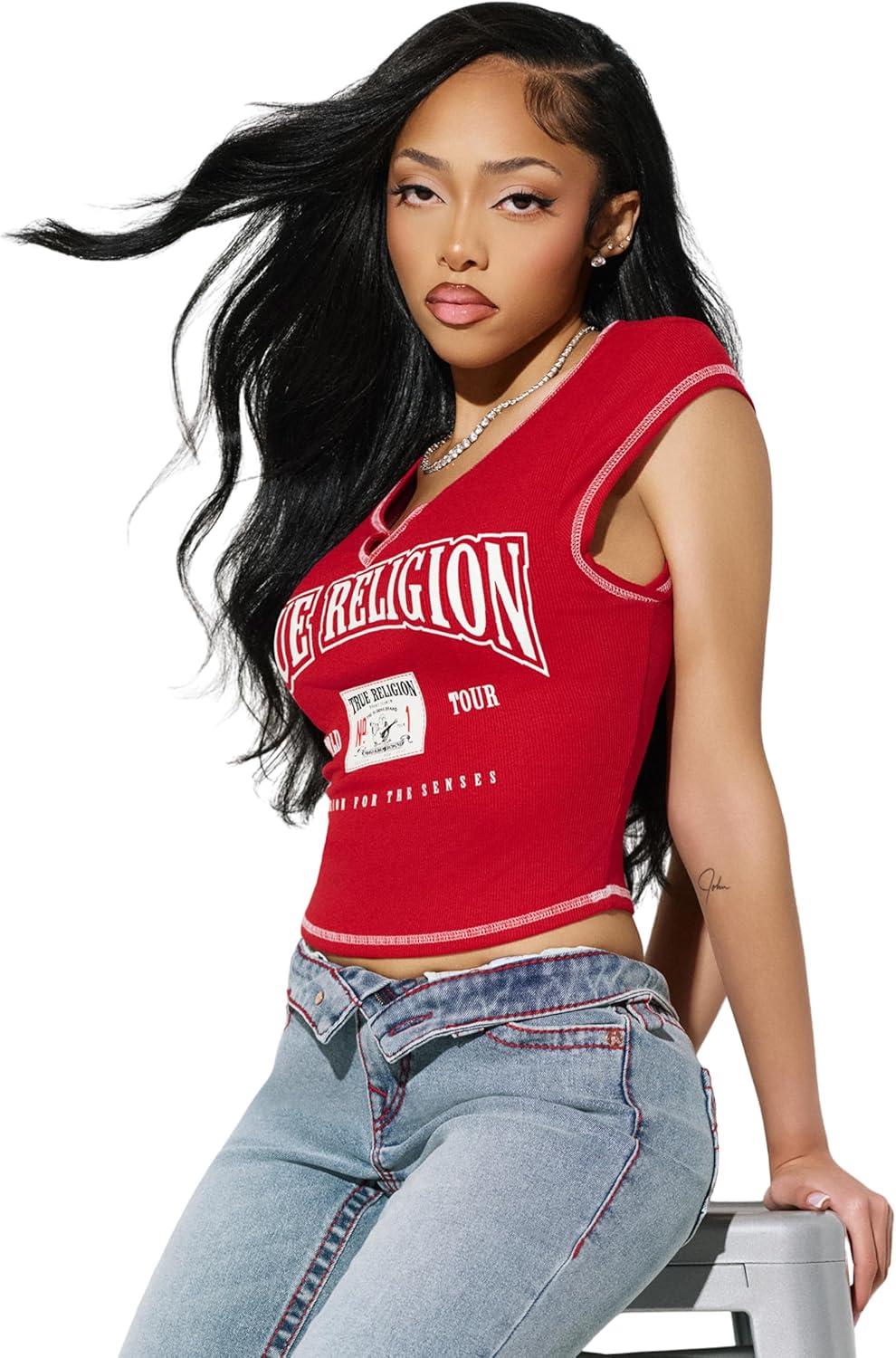 imageTrue Religion Womens Buddha V Notch Baby Tee Cropped Ribbed Knit Top with Puff Print Logo amp Cap SleevesSalsa