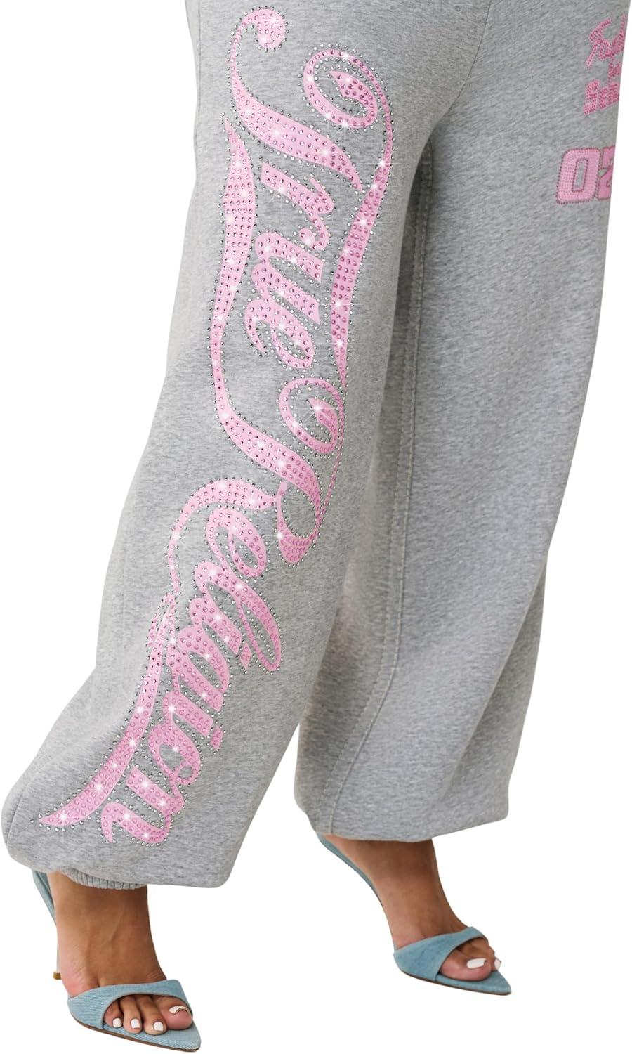 imageTrue Religion Womens Crystal Baggy Jogger Baggy Fit Crystal Script Logo Drawstring WaistbandHeather Grey