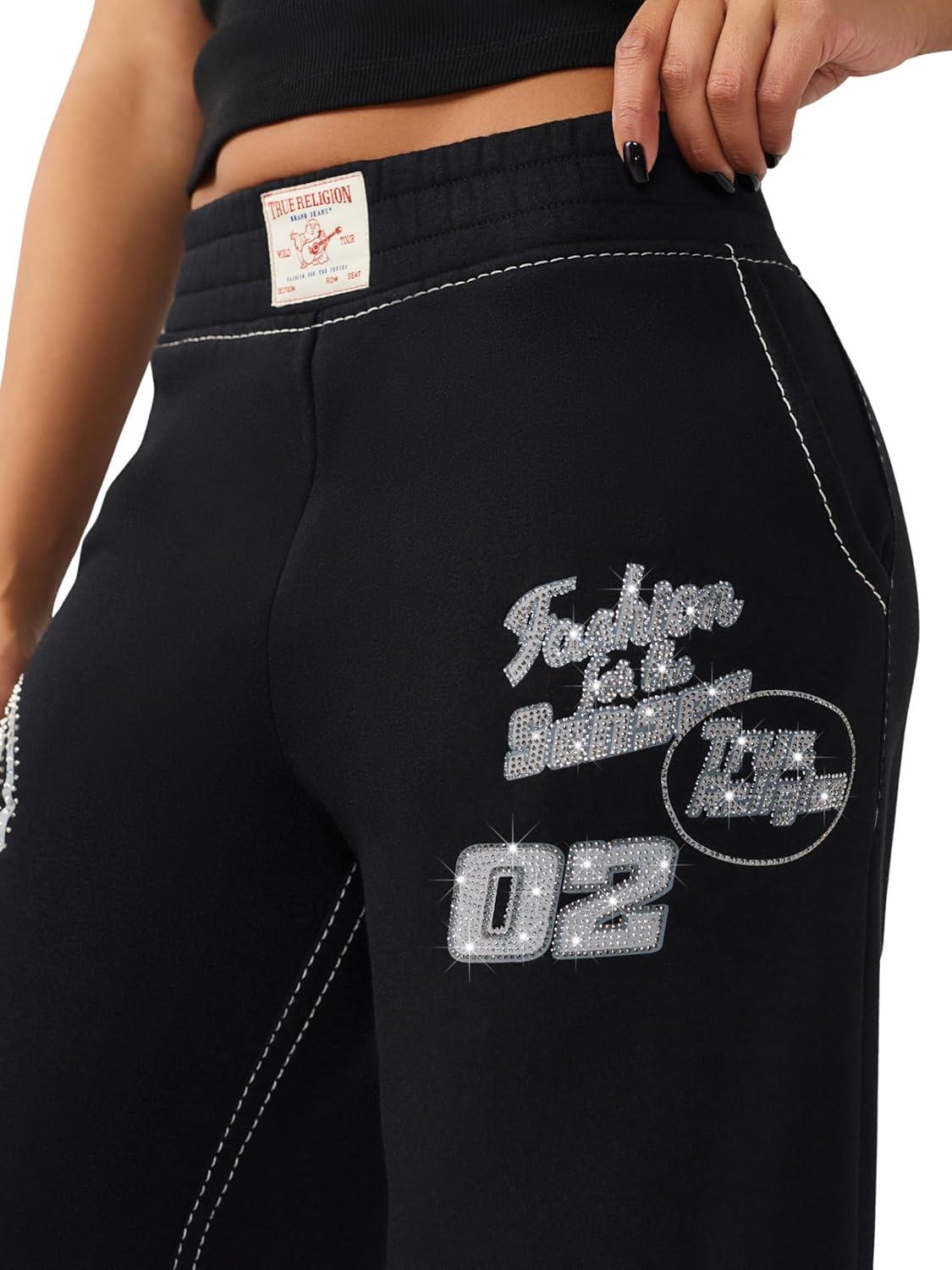 imageTrue Religion Womens Crystal Baggy Jogger Baggy Fit Crystal Script Logo Drawstring WaistbandJet Black
