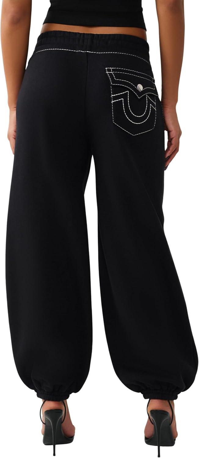 imageTrue Religion Womens Crystal Baggy Jogger Baggy Fit Crystal Script Logo Drawstring WaistbandJet Black
