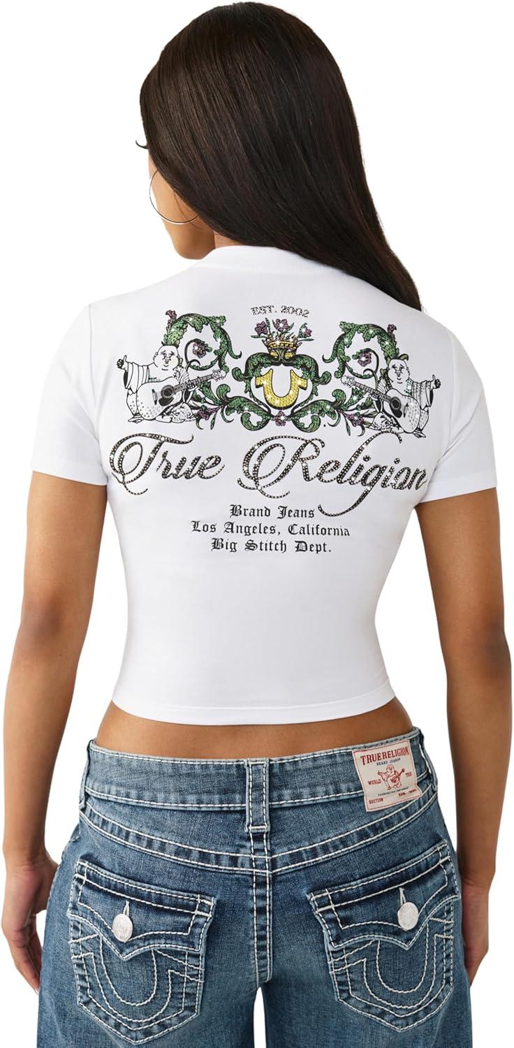 imageTrue Religion Womens Crystal Buddha Baby Tee Cropped Cotton Stretch TShirt with Rhinestone Back LogoOptic White