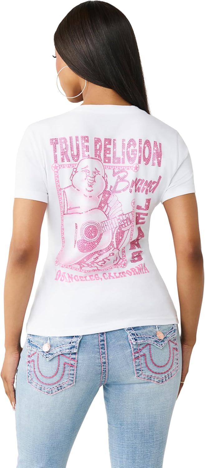imageTrue Religion Womens Crystal Buddha V Tee Slim Fit VNeck Rhinestone Logo Soft 100 Cotton Short Sleeve TopOptic White