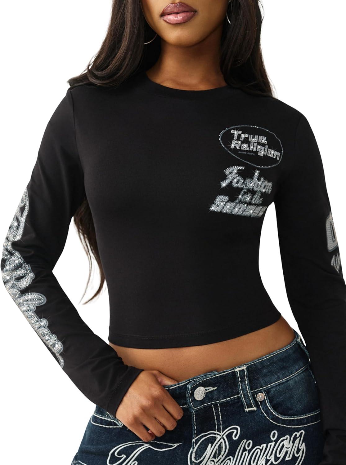 imageTrue Religion Womens Crystal Contrast Stitch Long Sleeve Baby Tee Rhinestone Logo Slim Fit Crew Neck Cotton Blend TopJet Black