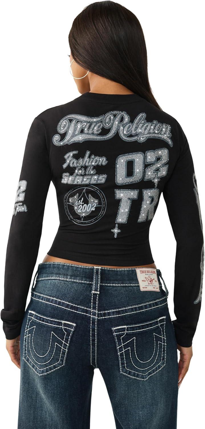 imageTrue Religion Womens Crystal Contrast Stitch Long Sleeve Baby Tee Rhinestone Logo Slim Fit Crew Neck Cotton Blend TopJet Black