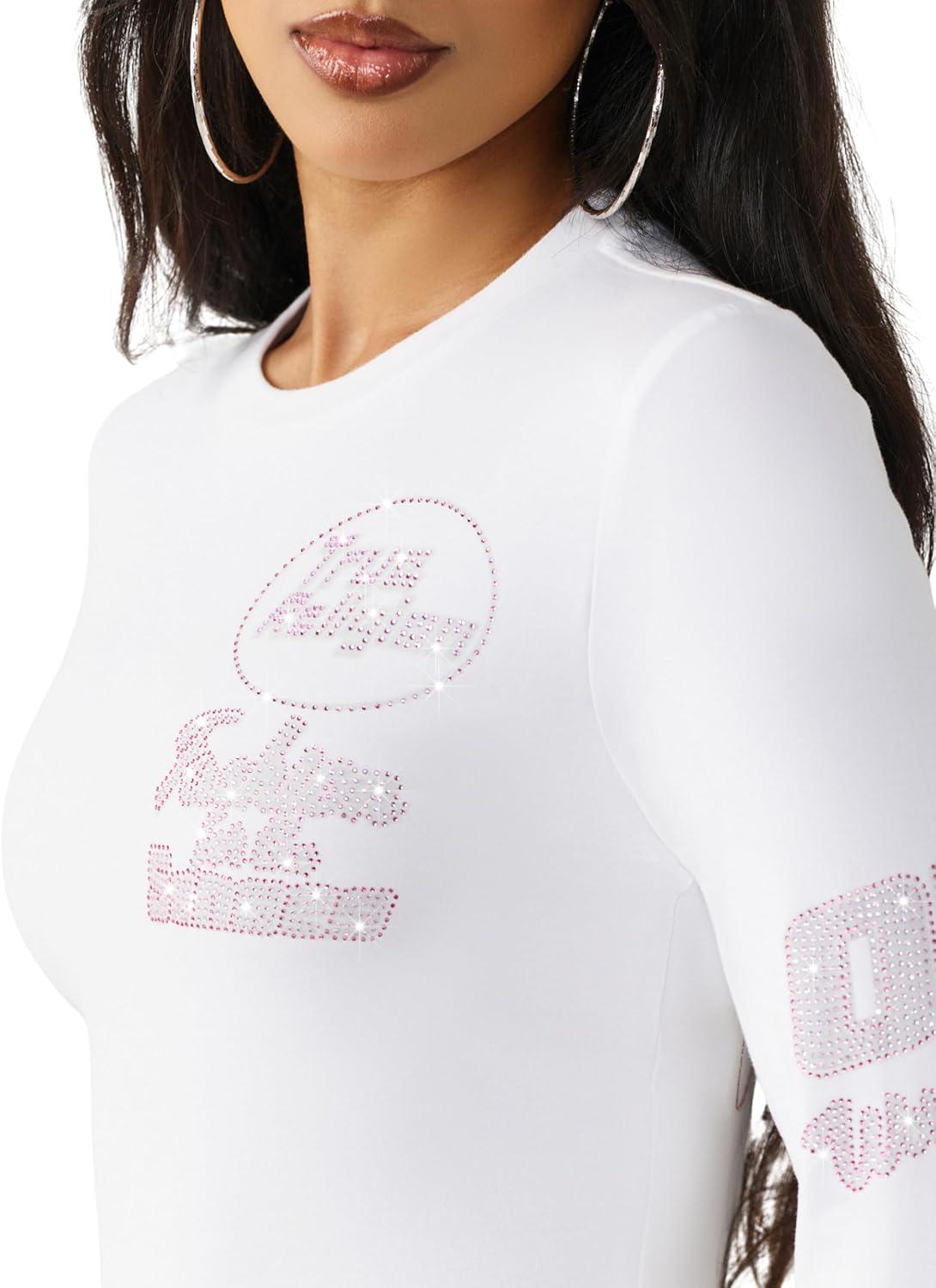 imageTrue Religion Womens Crystal Contrast Stitch Long Sleeve Baby Tee Rhinestone Logo Slim Fit Crew Neck Cotton Blend TopWhitePink
