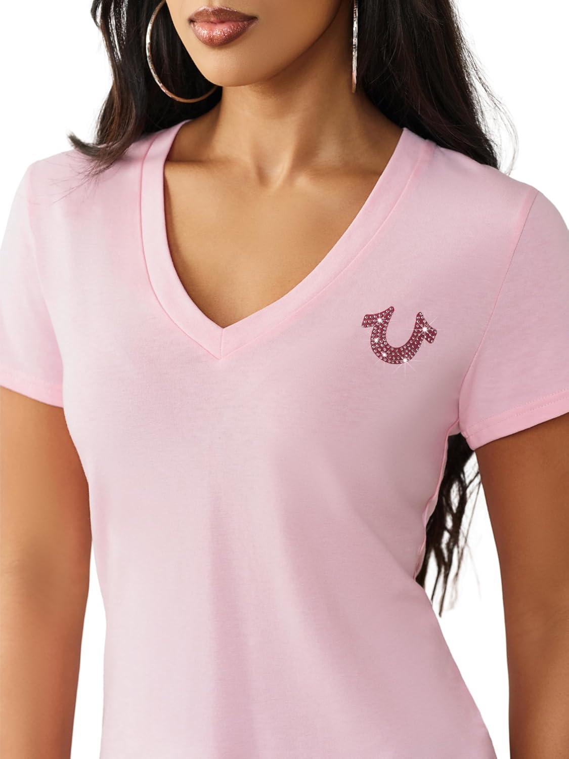 imageTrue Religion Womens Crystal Sporty VNeck Tee Short Sleeve Cotton Blend TShirt with Rhinestone Logo DesignFairytale