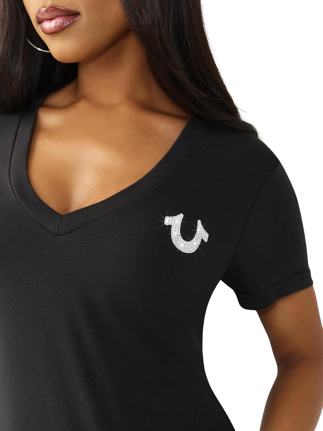 imageTrue Religion Womens Crystal Sporty VNeck Tee Short Sleeve Cotton Blend TShirt with Rhinestone Logo DesignJet Black