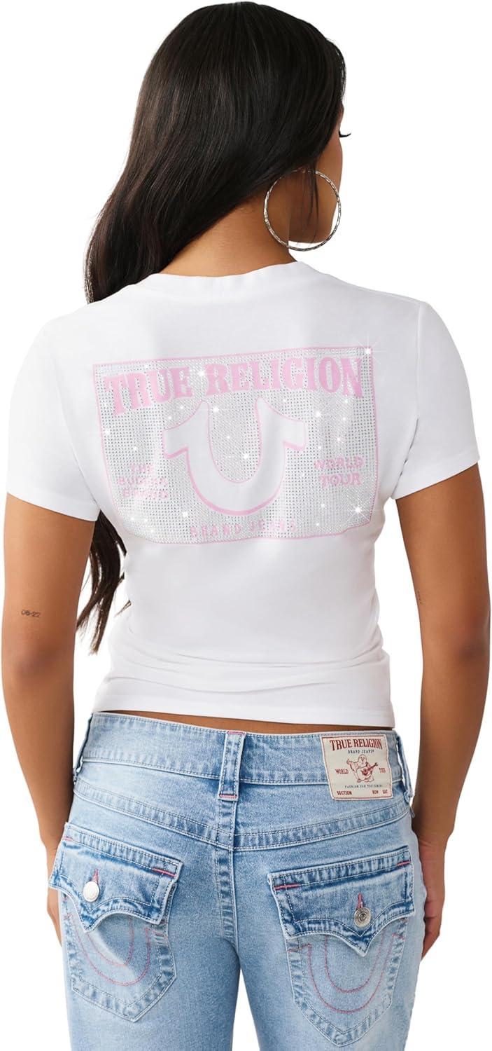 imageTrue Religion Womens Crystal Sporty VNeck Tee Short Sleeve Cotton Blend TShirt with Rhinestone Logo DesignOptic White