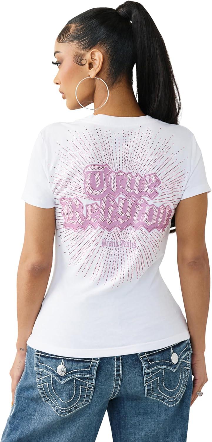 imageTrue Religion Womens Crystal V Neck Logo Tee Rhinestone Logo Short SleevesOptic White