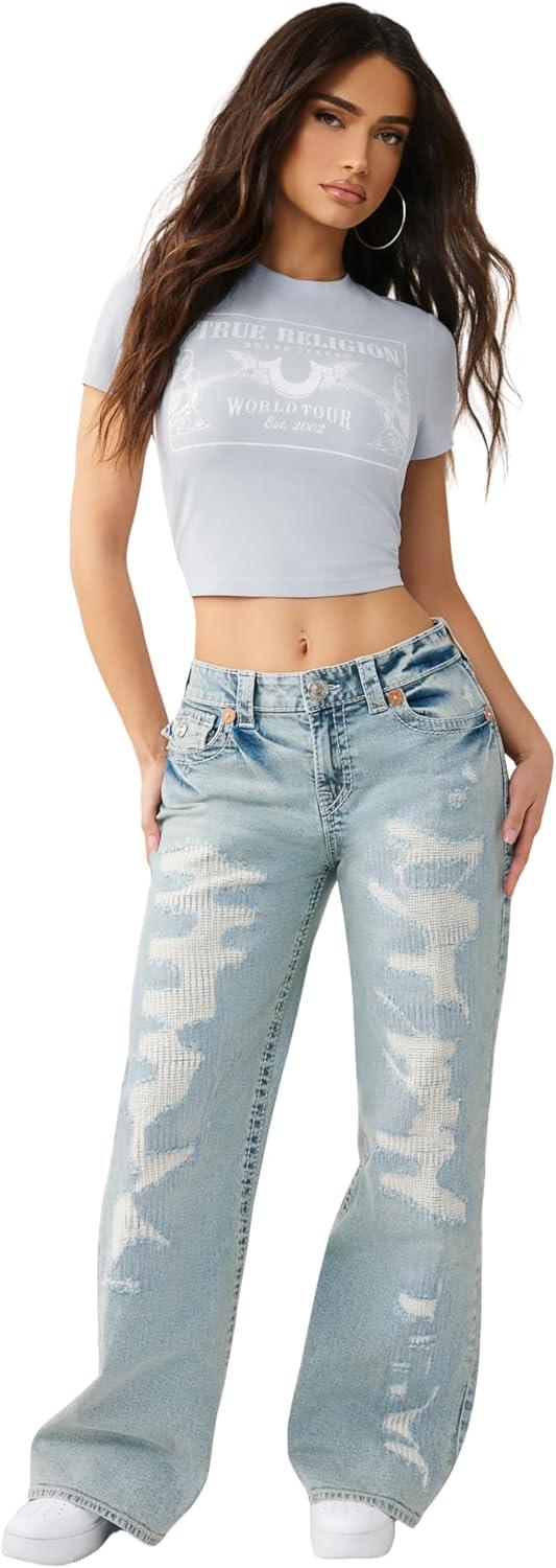 imageTrue Religion Womens Heritage Logo Baby Tee Cropped Fit Crew Neck Faded World Tour Buddha LogoCashmere Blue
