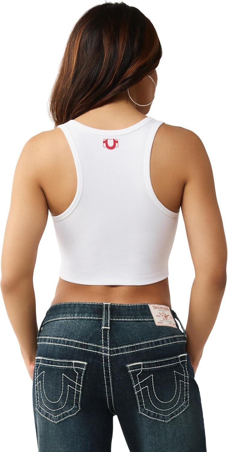 imageTrue Religion Womens Ribbed Buddha Overall Tank Ribbed Knit Crew Neck Racerback DesignOptic White