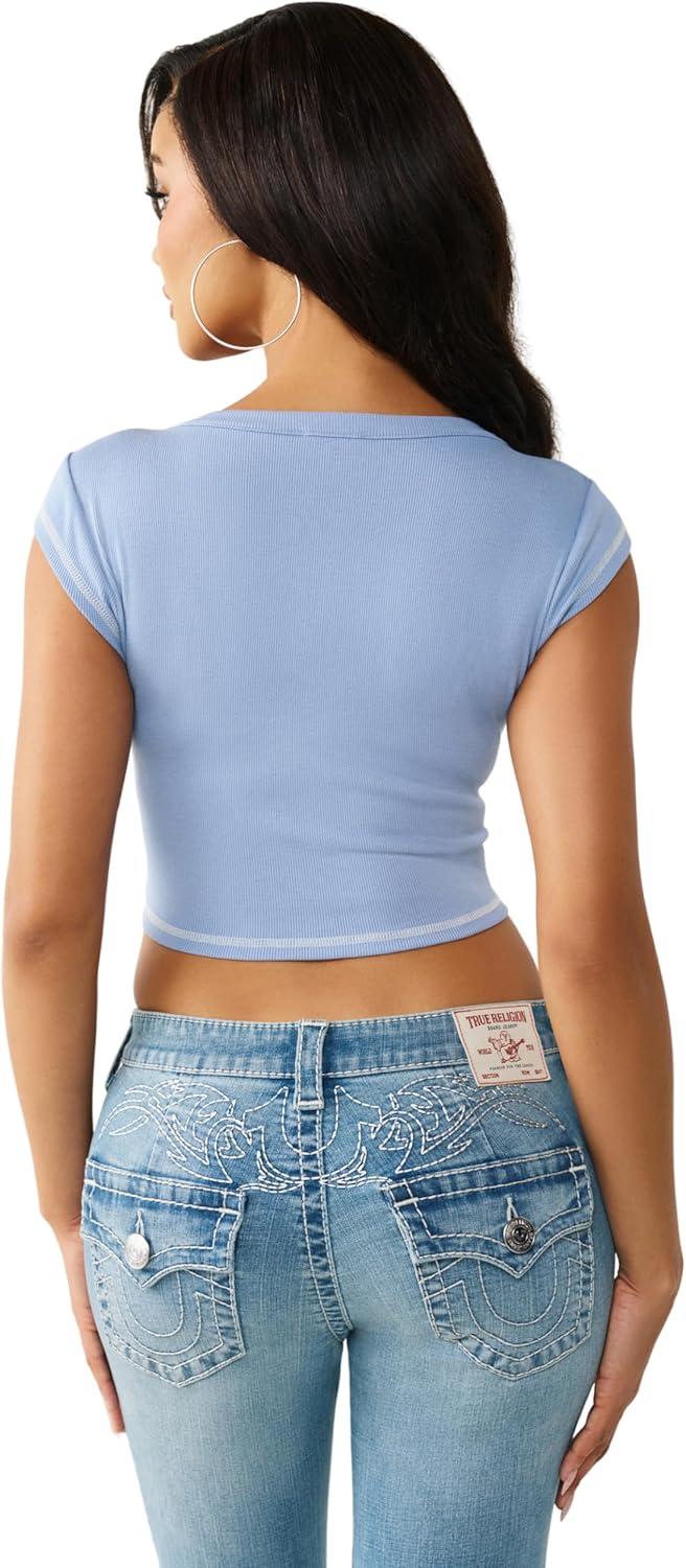 imageTrue Religion Womens V Notch Rib Tee Cropped Ribbed Top VNotch NecklineEndless Sky