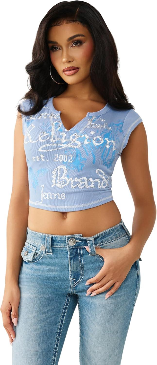 imageTrue Religion Womens V Notch Rib Tee Cropped Ribbed Top VNotch NecklineEndless Sky