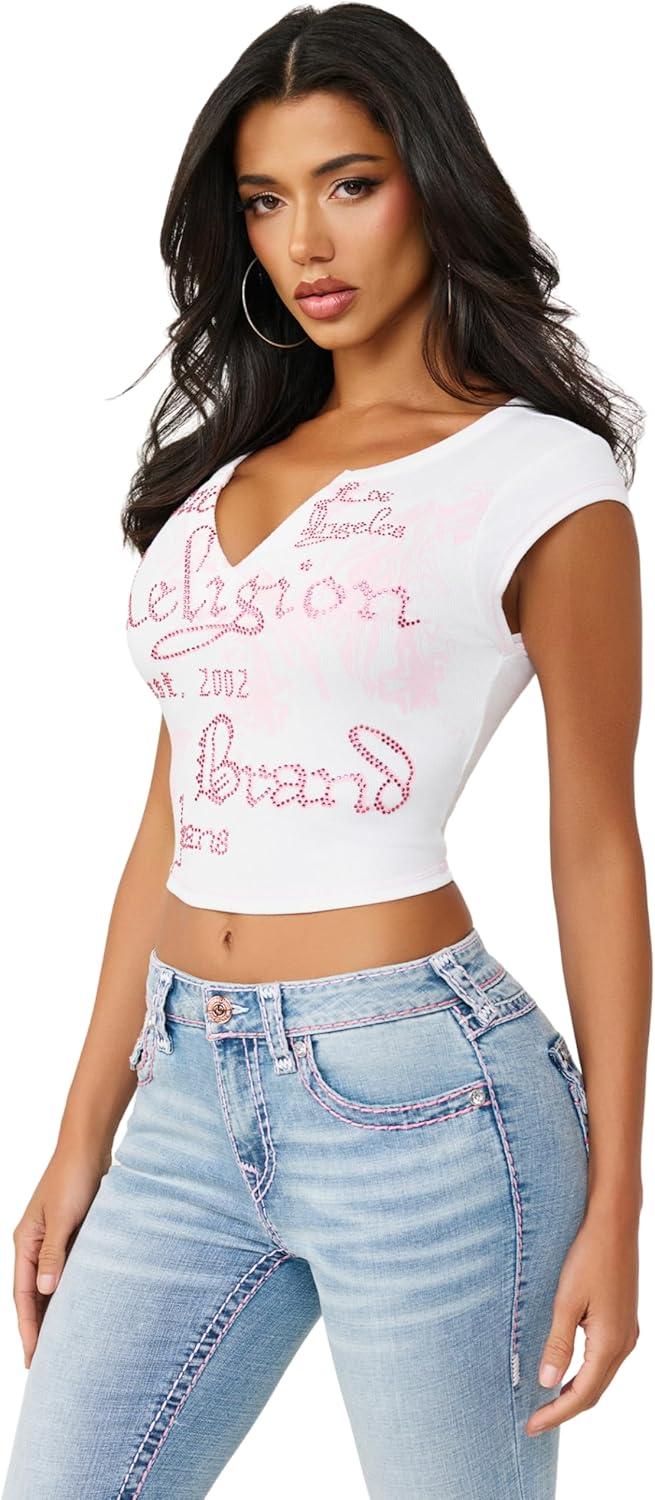 imageTrue Religion Womens V Notch Rib Tee Cropped Ribbed Top VNotch NecklineOptic White